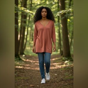 Chico’s Zenergy V-Neck Tunic Top Size 16/18 Coral Pink Long Sleeve Relaxed Fit